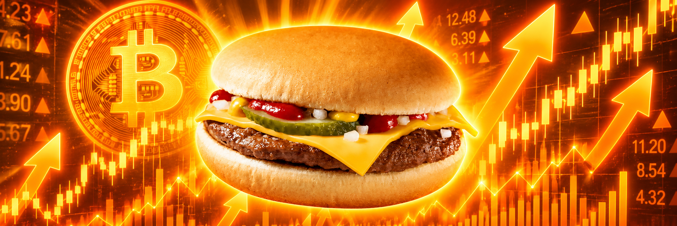 McStonks cheeseburger with Bitcoin and rising stock charts